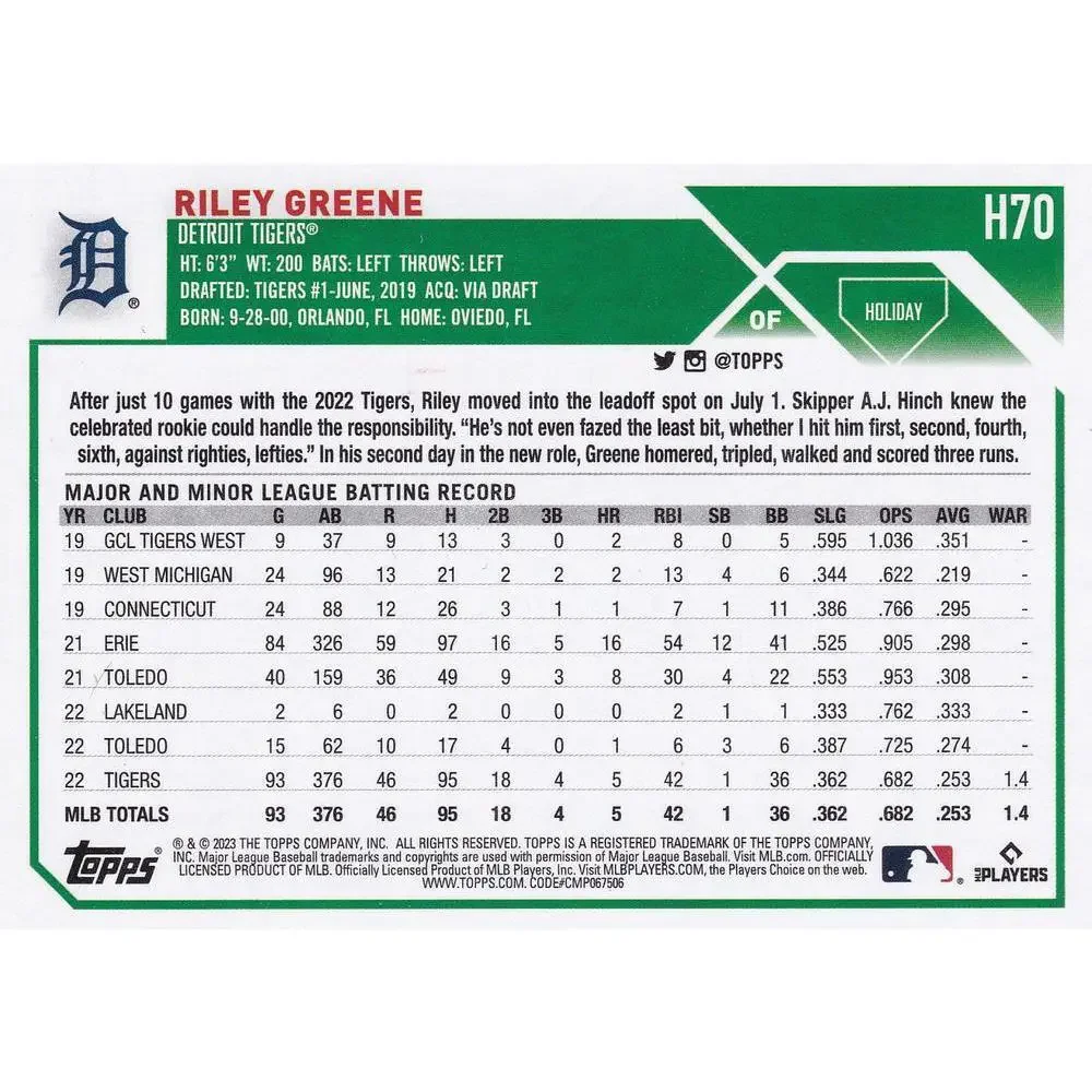 2023 Topps Holiday Riley Greene RC H70 Detroit Tigers